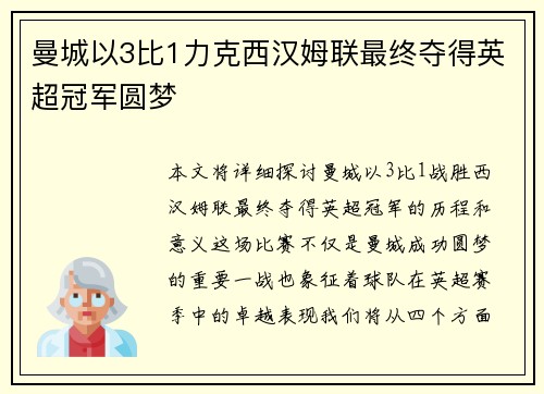曼城以3比1力克西汉姆联最终夺得英超冠军圆梦