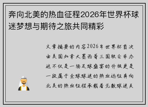 奔向北美的热血征程2026年世界杯球迷梦想与期待之旅共同精彩