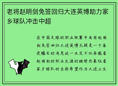 老将赵明剑免签回归大连英博助力家乡球队冲击中超 老将赵明剑免签回归大连英博助力家乡球队冲击中超