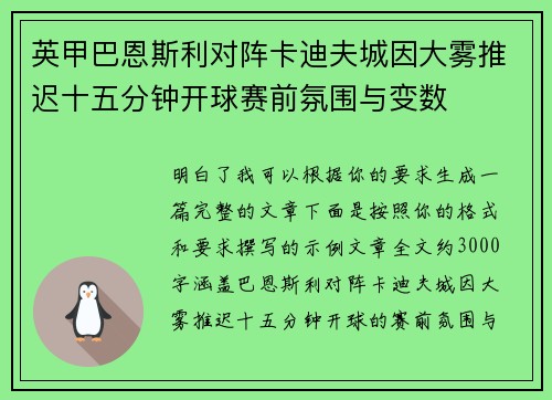 英甲巴恩斯利对阵卡迪夫城因大雾推迟十五分钟开球赛前氛围与变数 英甲巴恩斯利对阵卡迪夫城因大雾推迟十五分钟开球赛前氛围与变数