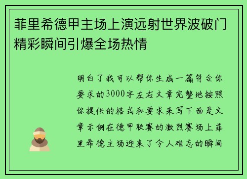 菲里希德甲主场上演远射世界波破门精彩瞬间引爆全场热情